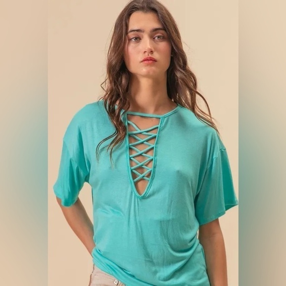 BiBi Jersey Knit Top with Criss Cross Front Neck Detail